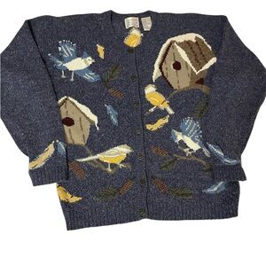 Vintage Northern Treasures Button Down Cardigan Sweater Blue Birds Birdhouse XL